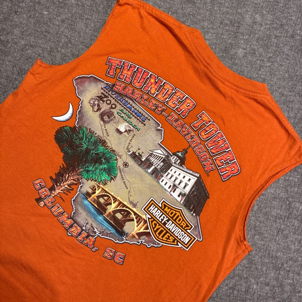 Harley‎ Davidson Tank Cut Sleeves Shirt Mens M Orange Thunder Tower Columbia SC